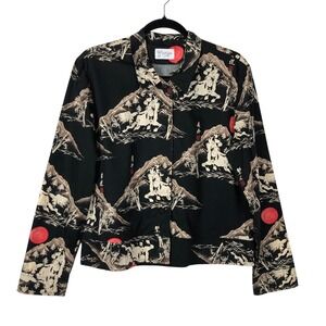 Vintage Anya Asian Inspired Printed Cotton Button Down Size 14 Art to Wear Artsy